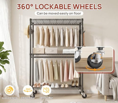 Duty Rolling Rack, 3-Tier Adjustable Clothes Rack with Double Rods, Black | Heavy Duty Rolling Rack, Double Rods, Adjustable Shelves, Side Hooks, Lockable Wheels, Carbon Steel, Rustproof, Easy Assembly - color: BLACK, size: 23.6IN
