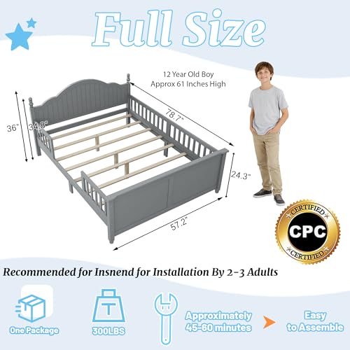 Full Size Kids Bed Frame with Removable Guardrails, Low Profile, Gray | 3 guardrail setups: all installed, front removed or all removed; 8 slats; 6-inch mattress sold separately; no box spring - color: Grey, size: Full