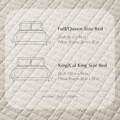 100% Cotton Modern Grid Stitch Quilt Set, Queen Size, Birch | Pre-Washed Cotton Coverlet Bedspread, Oversized Lightweight 3-Piece Bedding Set for All Season, with 2 Pillow Shams - color: Birch, size: Full/Queen (96" X 94")