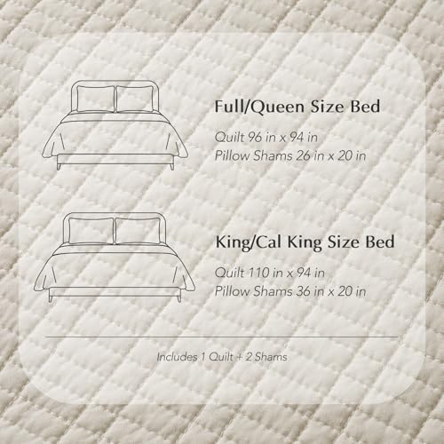 100% Cotton Modern Grid Stitch Quilt Set, King Size, Birch | Pre-Washed Cotton Coverlet Bedspread, Oversized Lightweight 3-Piece Bedding Set for All Season, with 2 Pillow Shams - color: Birch, size: King (110" X 94")