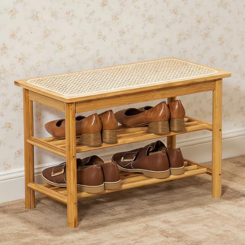 latifolia Shoe Rack Bench, 3-Tier Bamboo Shoe Bench with Breathable Rattan Seat Cushion, Shoe Storage Rack for Entryway(Nature,23.62''L) - color: Nature, size: 23.62''L