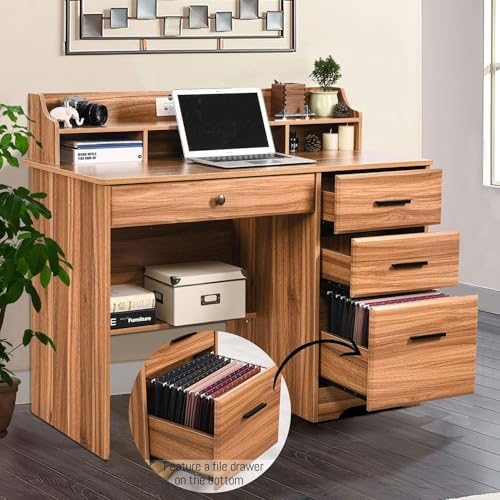 Computer Desk with 4 Drawers and Hutch, Home Office Desk with File Drawer, 44” Rustic Oak Wood Desk, Study Table for Bedroom, Rustic Oak - color: Rustic Oak