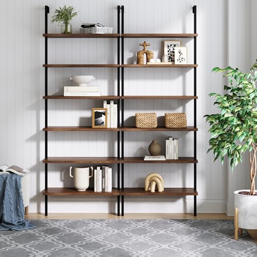 Nathan James Theo 6-Shelf Tall Bookcase, Wall Mount Bookshelf with Reclaimed Oak Wood and Industrial Metal Frame, Reclaimed Oak/Matte Black, Set of 2 - color: Oak/Matte Black, size: Set of 2