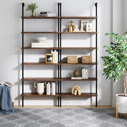 Nathan James Theo 6-Shelf Tall Bookcase, Wall Mount Bookshelf with Reclaimed Oak Wood and Industrial Metal Frame, Reclaimed Oak/Matte Black, Set of 2 - color: Oak/Matte Black, size: Set of 2