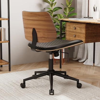 Modern Armless Office Chair with Wheels, Wide Seat Walnut, Black | Adjustable Swivel Desk Chair with Mid Back & Tilt Function, Faux PU Leather Mid Century Modern Task Office Chair, 300LBS Cap - color: Black, size: MCM Style Wide Seat