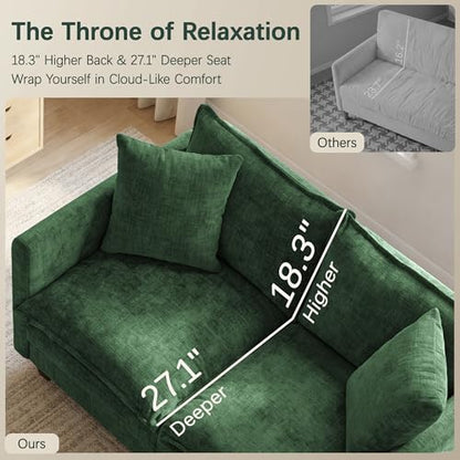52" Loveseat Sofa, L-Shaped Cloud Love Seat Couches with Ottoman | Comfy Chenille Modern Love Seat with 2 Pillows, Small Loveseat for Small Spaces, Living Room, Bedroom, Apartment,Green, 52" L - color: Green, size: 52" L
