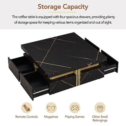 Modern Black Square Storage Coffee Table with 4 Drawers for Living Room - color: Black1