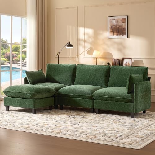 Ihanherry 105" Modular Sectional Sofa, L-Shaped Cloud Couch with Oversized Large Cushions & Movable Ottoman, Chenille Deep Seat Couch for Living Room, Green - color: Green, size: 105“ 4 Seat L Sofa