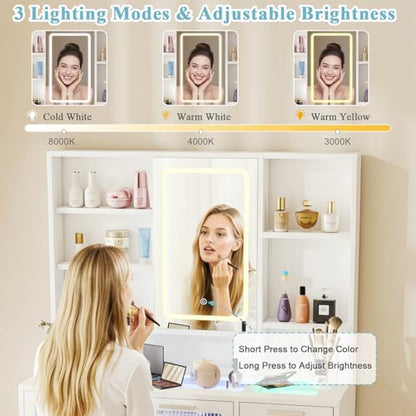 Hadulcet White Vanity Desk with Mirror and Lights, Makeup Vanity with Power Outlet & 10 Shelves, RGB LED Vanity with Drawers, 3 Modes Adjustable Brightness - color: White, size: 15.8"D x 42.9"W x 57.1"H