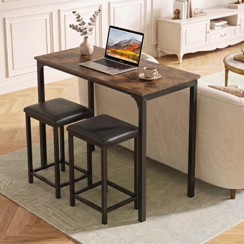 COSTWAY Dining Table Set, Counter Height Table, 2 Upholstered Stools | Rustic Brown & Black, PU Leather Seats, Metal Frame, Industrial, Space-Saving for Small Space, Dorm & Kitchen Island - color: Rustic Brown & Black