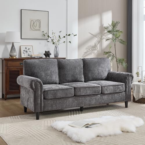 3 Seater Couch, Mid Century Modern Sofa with Rolled Arms and Deep Seats, Fluffy Comfort for Living Room, Apartment, Easy Assembly, Gray - color: Grey, size: Chenille Standard