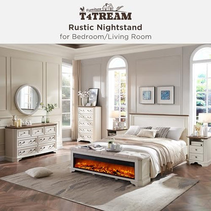 T4TREAM Farmhouse Nightstand with Charging Station, 18" End Table with 2 Drawers, Wood Side Table, Bedside Cabinet for Bedroom, Living Room (Antique White) - color: Antique White
