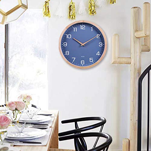 Kesin Wall Clock 12 Inch Silent Non Ticking Wood Wall Clocks Modern Simple | Battery Operated - Wooden Blue Clock Decorative for Kitchen,Living Room,Bedroom,Kid’s Room