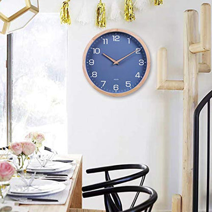 Kesin Wall Clock 12 Inch Silent Non Ticking Wood Wall Clocks Modern Simple | Battery Operated - Wooden Blue Clock Decorative for Kitchen,Living Room,Bedroom,Kid’s Room
