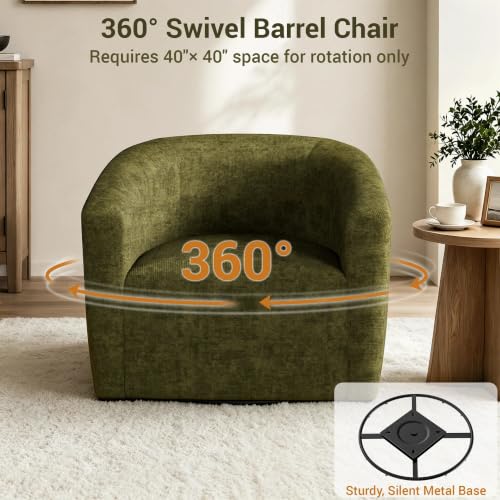 YaFiti Modern Swivel Accent Chair 1 pcs, Round Barrel Club Armchair, Green | Chenille Fabric, 24.4” Deep Seat, FSC Solid Wood, 400lbs Capacity, Barrel Club Chair, Upholstered Armchair for Living Bedroom - color: Green
