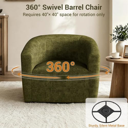 YaFiti Modern Swivel Accent Chair 1 pcs, Round Barrel Club Armchair, Green | Chenille Fabric, 24.4” Deep Seat, FSC Solid Wood, 400lbs Capacity, Barrel Club Chair, Upholstered Armchair for Living Bedroom - color: Green