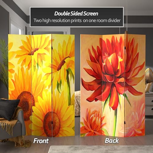 Red Lantern 6 ft. Tall Double Sided Poppies and Sunflowers Canvas Room Divider 3 Panel Freestanding Folding Privacy Screen Partition and Separator for Modern and Contemporary Bedroom Home Office Dorm - color: Poppies/Sunflowers