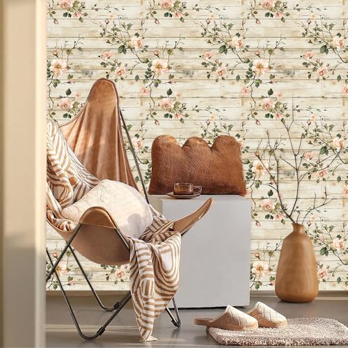 Rustic Wood Pink Wildflower Vine Rose Flower Peel and Stick Wallpaper Contact Paper Vintage Vinyl Stick on Wall Paper for Bedroom Bathroom Kitchen Cabinet Renter Friendly - color: Pink/Beige, size: 17.7" x 236"