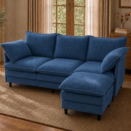 69 Inch Small Sofa Couch with Ottoman, L Shape Sectional Couch 3 Seats with Cloud 2 Layer Cushion, 22.8” Deep Seat, Washable Pillows for Small Spaces, Living Room, Apartment, Office, Chenille, Blue - color: Blue, size: 3-Seat with Ottoman