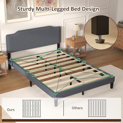Queen Size Bed Frame with Upholstered Headboard, Platform Bed with Soft Linen Adjustable Headboard | Elegant Studded Design | Wooden Slats | No Box Spring Needed, Queen Bed Frame Dark Grey - color: Dark Grey, size: Queen (U.S. Standard)