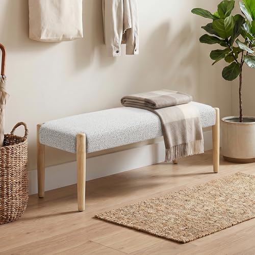 Usaint 42" End of Bed Bench with Wood Legs, Heathered White with Oak Leg | Modern Upholstered Bedroom Bench with Rubberwood Legs, Entryway Bench with Cushion, Dining Bench for Living Room, Bedroom - color: Heathered Off-white With Oak Leg