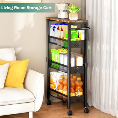 Vivihomety 4-Tier Slim Utility Rolling Laundry Cart with Wheels, Metal | Narrow 7.1" wide, Lockable wheels, wood top panel, metal frame, with handle, for laundry, bathroom, kitchen, black - color: Black, size: 7.1 inch wide