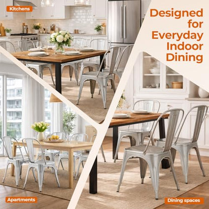 Metal Dining Chairs Set of 4 Moonlight Silver Color | Silver Outdoor Metal Chairs for Farmhouse Kitchen,Bistro,Dining Room,Patio - color: Moonlight Silver