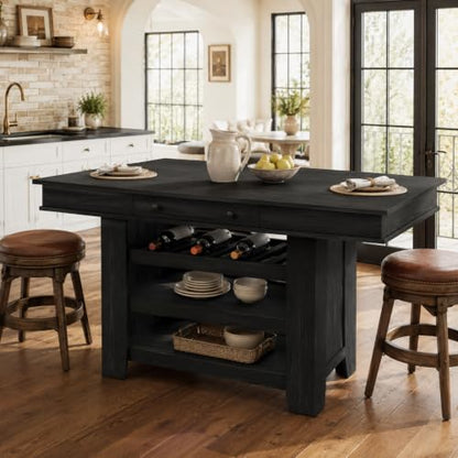 Counter Height Dining Table with Storage, Retro Black | 60" wide top seats 4-6 with deep wine rack, 2 drawers and 3 shelves for family dining, entertaining and apartment kitchens - color: Retro Black