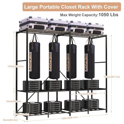 59" Portable Wardrobe Closet with Cover, Heavy Duty Clothes Rack 59" × 20.5" × 68", Foldable Metal Garment Rack for Hanging Clothes, 95% Pre-Assembled - size: 59"*20.5"*68"