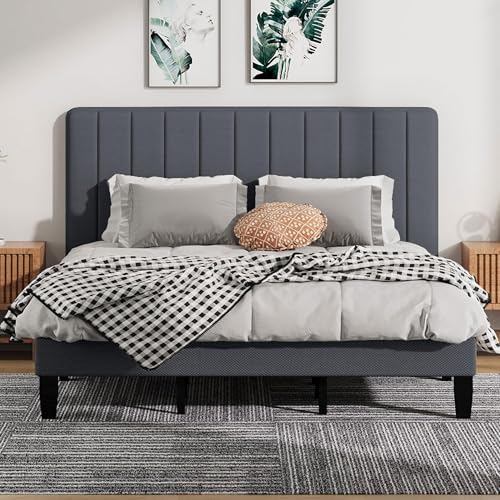 King Size Bed Frame with Headboard, Platform Bed with Soft Linen Upholstered Headboard | Wooden Slats Support | Adjustable Height | No Box Spring Needed, King Bed Frame Grey - color: Linen-dark Grey, size: King (U.S. Standard)