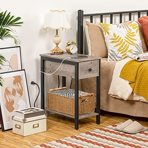 HOOBRO End Table with Charging Station, Narrow Side Table, Small Nightstand, Bedside Tables with Drawer and Storage Shelves, for Small Spaces, Living Room, Bedroom, Greige and Black BG041BZ01G1 - color: Greige+black