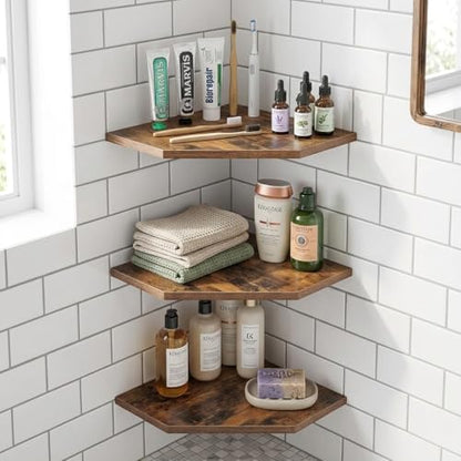 SUYU Set of 3 Floating Corner Shelves, 11.8" Rustic Wood Corner Shelf Wall Mounted, L-Shaped Corner Wall Shelf for Bathroom, Bedroom, Living Room, Kitchen, Office Organizer, Rustic Brown