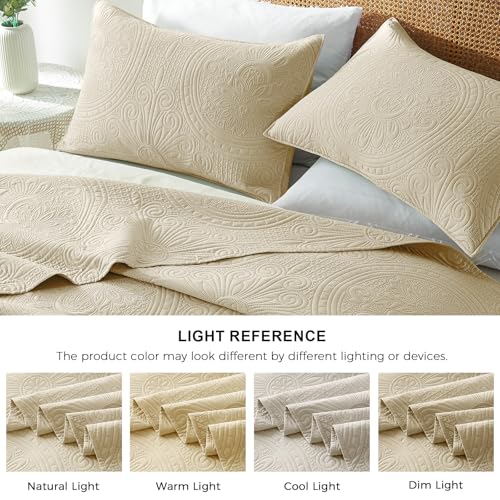 WURUIBO Full/Queen Quilt Set Beige,Ultrasonic Embossed Bedspread, Lightweight Microfiber Coverlet, Modern Thin Bedding Set for All Season, 3 Piece(1 Quilt,2 Pillow Shams) - color: Beige, size: Full/Queen(90"x96")