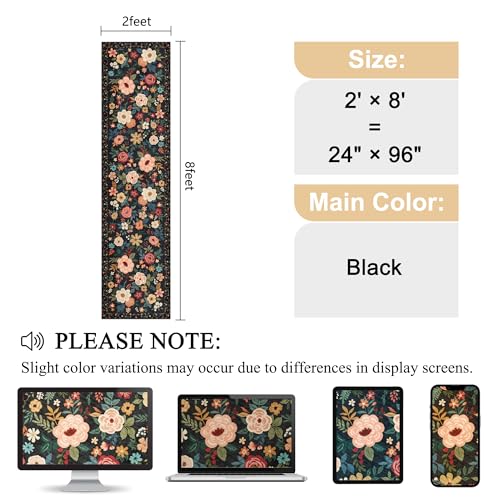 DUKINO 2x8 Runner Rug, Floral Washable Kitchen Runner Rug Non Slip, Black | Low Pile, Soft Indoor Rug for Hallway, Entryway, Bedroom, Bathroom, Pet Friendly, Stain Resistant, Modern Home Decor - color: Black, size: 2' x 8' (Rectangular)