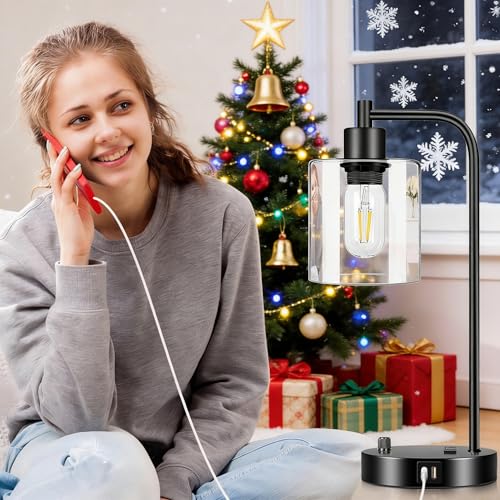 Industrial Table Lamp with USB A+C Ports and Outlet, Fully Stepless Dimmable Modern Nightstand Lamp, Glass Shade Bedside Desk Lamp for Bedroom Living Room Office, 8W 2700K LED Edison Bulb Included.