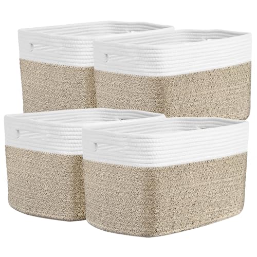 Storage Baskets for Organizing, 14 x 10 x 9” Closet Shelf Woven Baskets, Square Bins with Handles, Cotton Rope Basket for Clothes, Office, Room, White+Rice Brown 4 Pack - color: White+Rice Brown, size: 4pcs