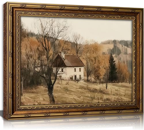 Vintage Gold Framed Autumn Country Cottage Wall Art ，Rustic Farmhouse Landscape Canvas Prints, Retro Fall Cabin Painting for Living Room Bedroom Kitchen Wall Decor，12x16in - color: Country Cottage, size: 16"L x 12"W