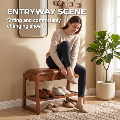 Shoe Storage Bench Shoe Rack Bench with Storage 2 Tier Wooden Shoe Rack | Solid wood shoe bench flip-top storage cushioned seat weight capacity of 550 lb side hooks walnut finish 23.6" W - size: 23.6"