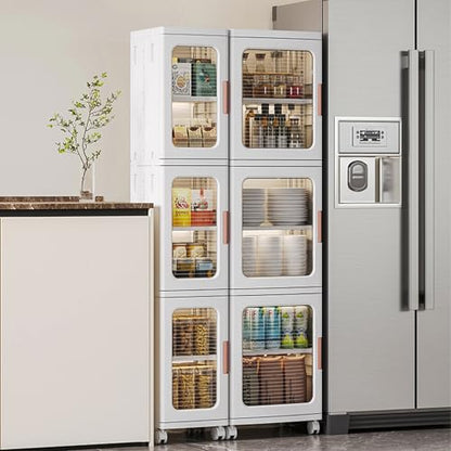 Tall Narrow Storage Cabinet, Plastic Organizer with Wheels, 4-Tier/White | Foldable Slim Cabinet for Bathroom, Kitchen, Laundry and Small Spaces, Adjustable Shelves & Magnetic Doors, Movable Wheels - size: 11.4"D x 14.6"W x 65.4"H