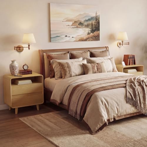 Nasonet Modern Nightstands Set of 2 with Charging Station, Wood End Table Bedroom Nightstands with Drawers, Wide Curved Bedside Table Set 2 for Bedroom, Living Room, Oak - color: Oak, size: 2 Drawers