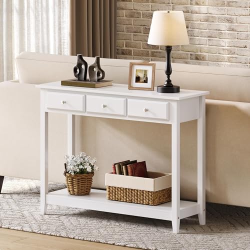 Yaheetech 42 Inch Narrow White Sofa Console Table with 3 Drawers and Shelf | White Entry Table for Living Room, Hallway and Entryway, Painted MDF, 13.5-Inch Slim Depth, 55 lb Top, Drawers Hide Clutter - color: White