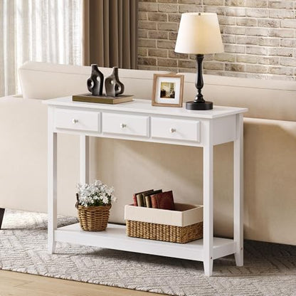 Yaheetech 42 Inch Narrow White Sofa Console Table with 3 Drawers and Shelf | White Entry Table for Living Room, Hallway and Entryway, Painted MDF, 13.5-Inch Slim Depth, 55 lb Top, Drawers Hide Clutter - color: White