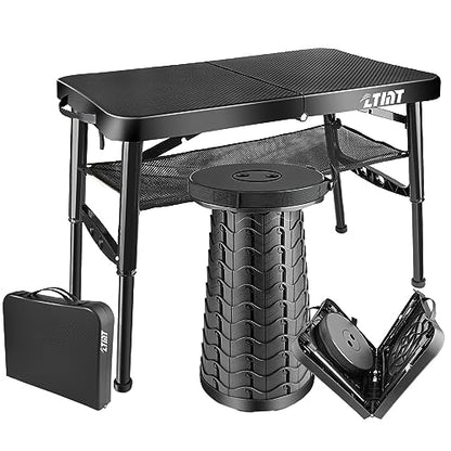 Folding Table and Stool, Small, Black, 4 Foot Outdoor Portable Table, Adjustable Height, Camping, Picnic, RV Table, 55lbs Load-Bearing, Lightweight - color: Black