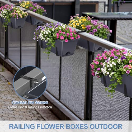 Deck Railing Planter Boxes Set of 2, Adjustable Window Planter Box with Removable Hanging Plant Holder, 17 Inch Rectangular Herb Garden Planters for Porch Fence Balcony Apartment Patio Decor, Grey - color: Gray