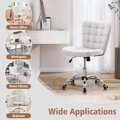 Yaheetech White Tufted Armless Office Desk Chair with Wheels, Faux Leather | Thick foam cushioned seat tilts back to relax, lifts 18-22 in, spins 360 degrees, holds 300 lb, and assembles with ease. - color: White