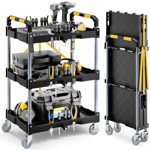 KINGRACK 3 Tier Rolling Folding Utility Cart with Wheel for Garage Workshop | Folding Utility Cart,200LBS Capacity with Fixed Rope,Ergonomic Textured Grip Handle