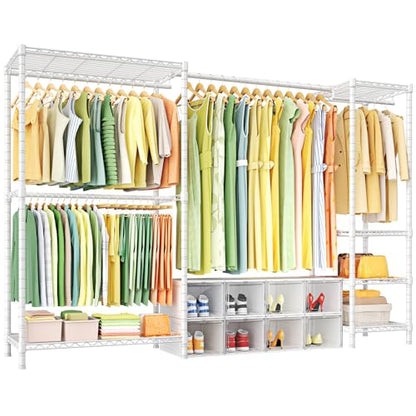 E10 Clothes Rack（With Stretchable Hanger Rod）Freestanding Clothing Racks for Hanging Clothes，Adjustable Closet Organizer System，Portable Garment Rack 73-97"W x 15" D x 72" H，Max Load 800LBS，White - color: White