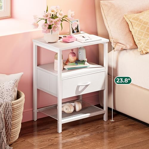 Huuger Night Stand with Fabric Drawer, Side Table with Mesh Shelf, Bedroom Nightstand, Fabric Drawer Dresser, Open Shelf, Metal Frame, Couch Side, White | Bedroom Nightstand, Fabric Drawer Dresser, Open Shelf, Metal Frame, Couch Side, White - color: White