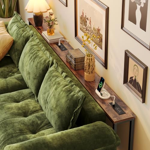 Huuger 86.6 Inch Sofa Table with Power Outlets, 23.9’’-34.4’’ Height Adjustable Range, Behind Couch Table with USB-C Ports, Sofa Tables Narrow Long, Skinny Console Table, Small Spaces, Rustic Brown - color: Rustic Brown, size: 86.6''W x 23.9''-34.4''H