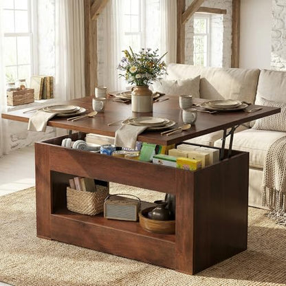 UNIQUITE 40" Lift Top Coffee Table, 4 in 1 Multi-Function Lift Coffee Tables with Storage and Hidden Compartment, Convertible Wood Coffee Tables to Dining Table for Living Room, Walnut - color: Walnut